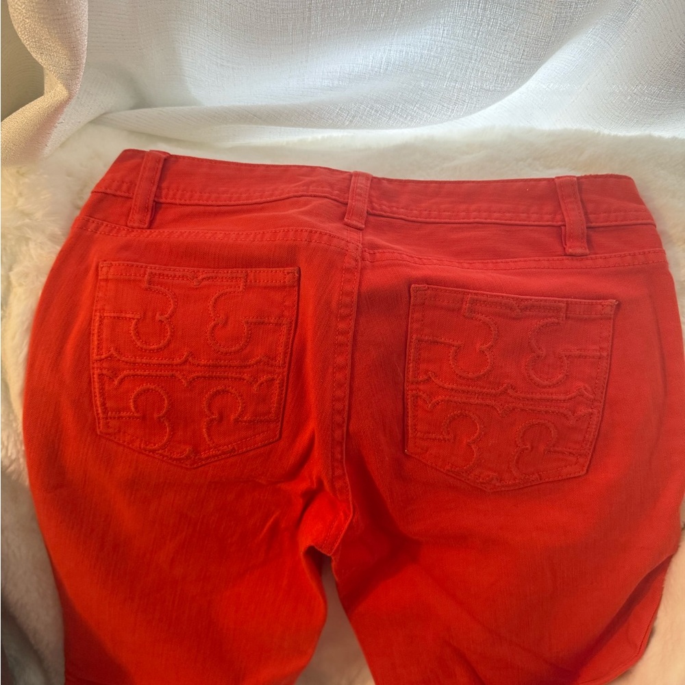 Tory Burch Vibrant Red Cropped Slim Boot Jeans